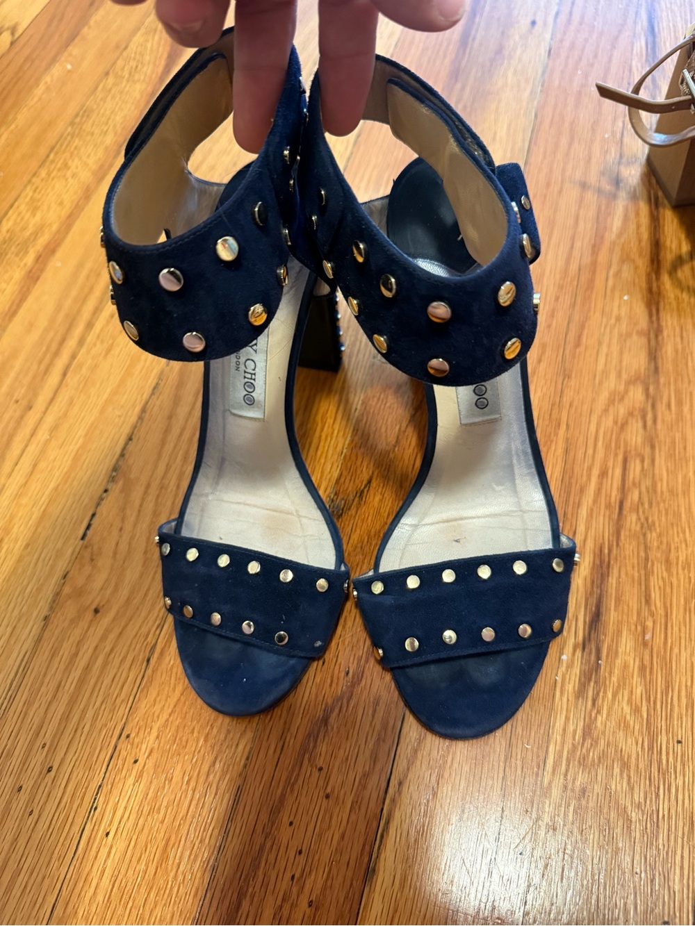 Jimmy Choo London Navy Suede Studded Block Heel Sandals